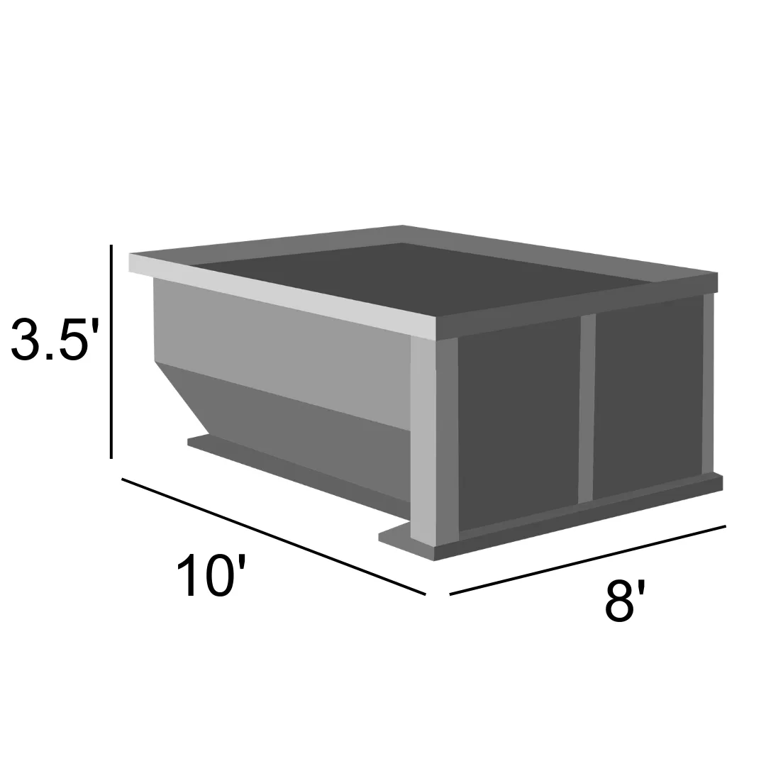 10 yard dumpster dimensions: 10 ft long, 8 ft wide, 3.5 ft high
