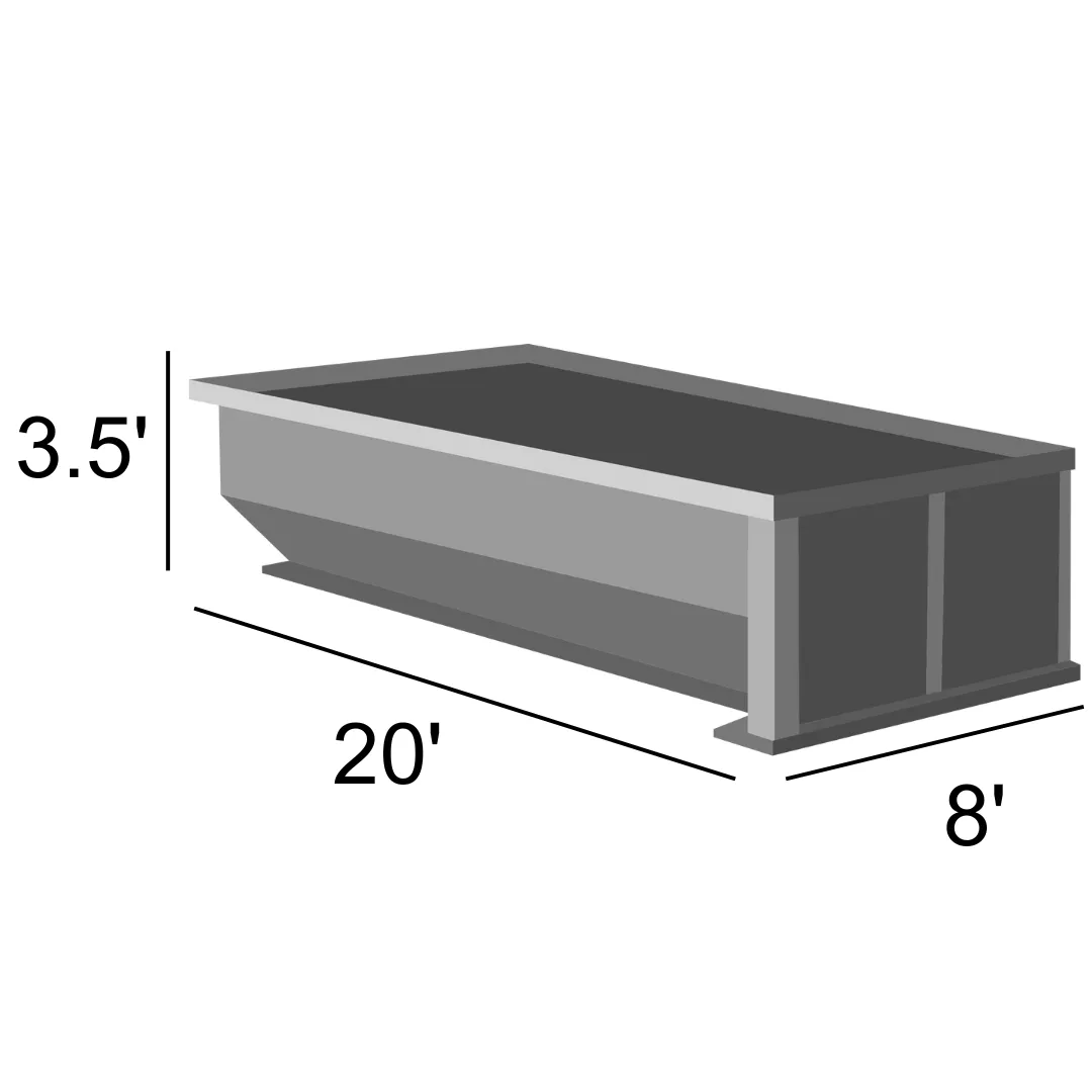 20 yard dumpster dimensions: 20 ft long, 8 ft wide, 3.5 ft high