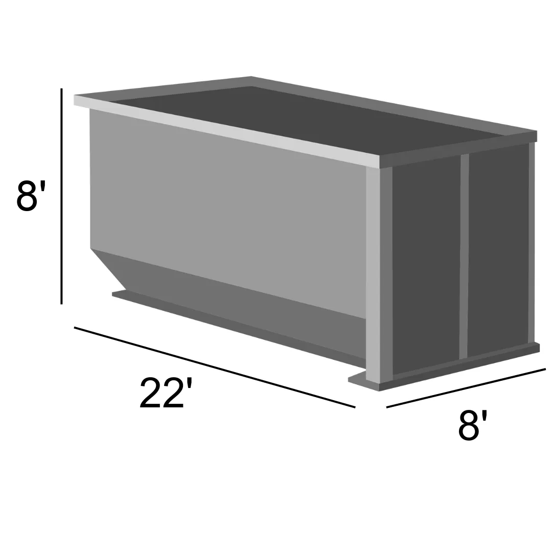 40 yard dumpster dimensions: 22 ft long, 8 ft wide, 8 ft high