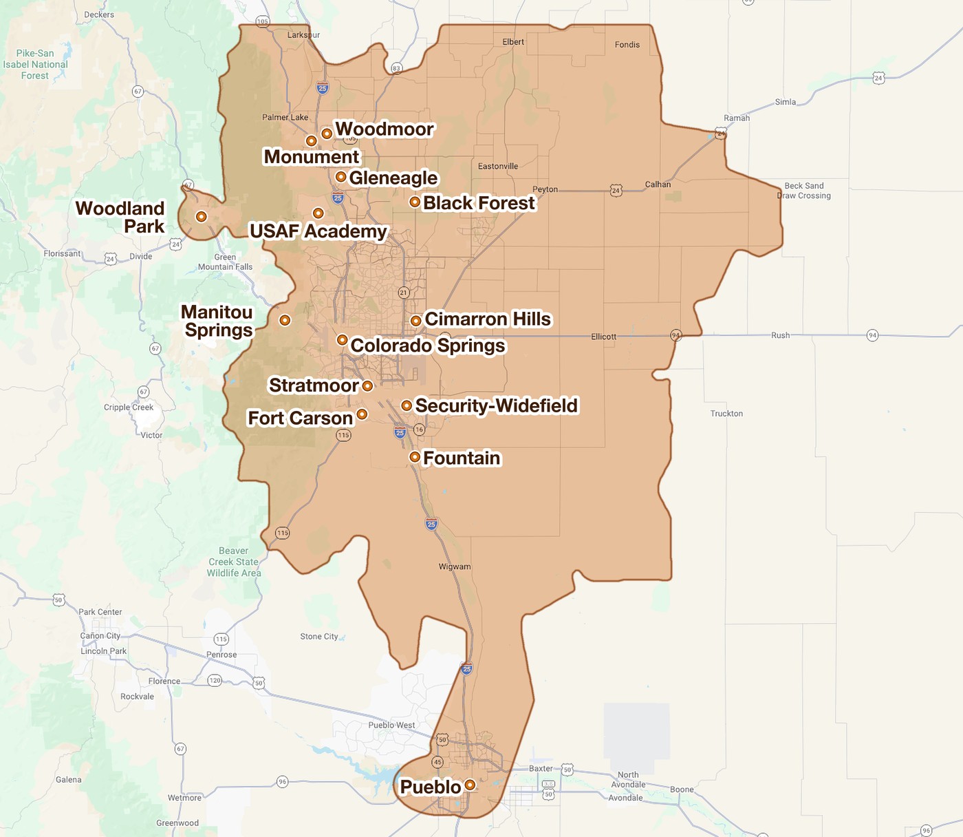 Bigfoot Portables service area map covering Colorado Springs, Pueblo, Monument, Woodland Park, Fountain and surrounding areas